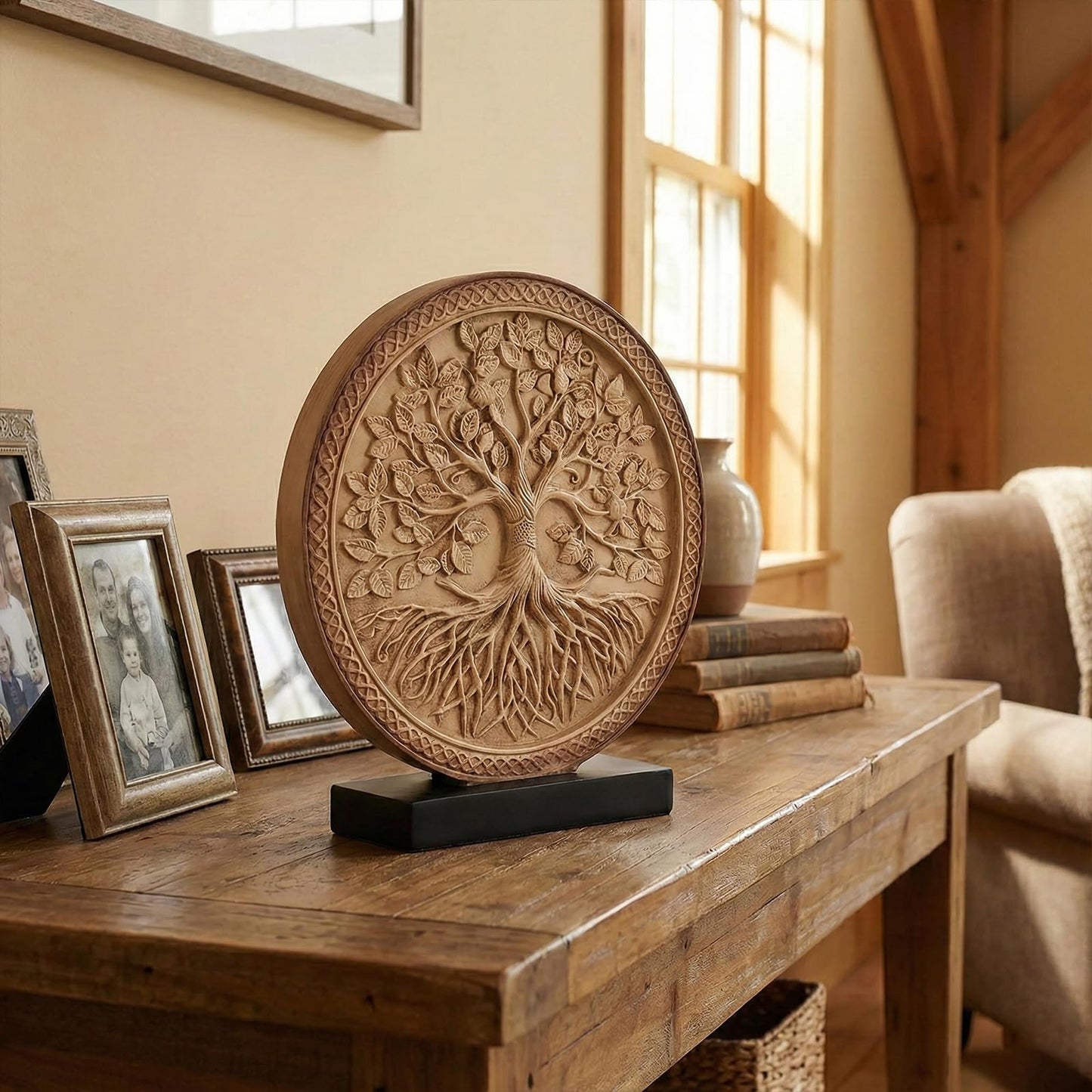 LCCCK Tree of Life Statue, Resin Round Tree Sculpture for Cabinet Decor, Shabby Chic Knick Knacks, Living Room Mantle Entryway Table Top Accent, Symbolic Family Roots Home Decor