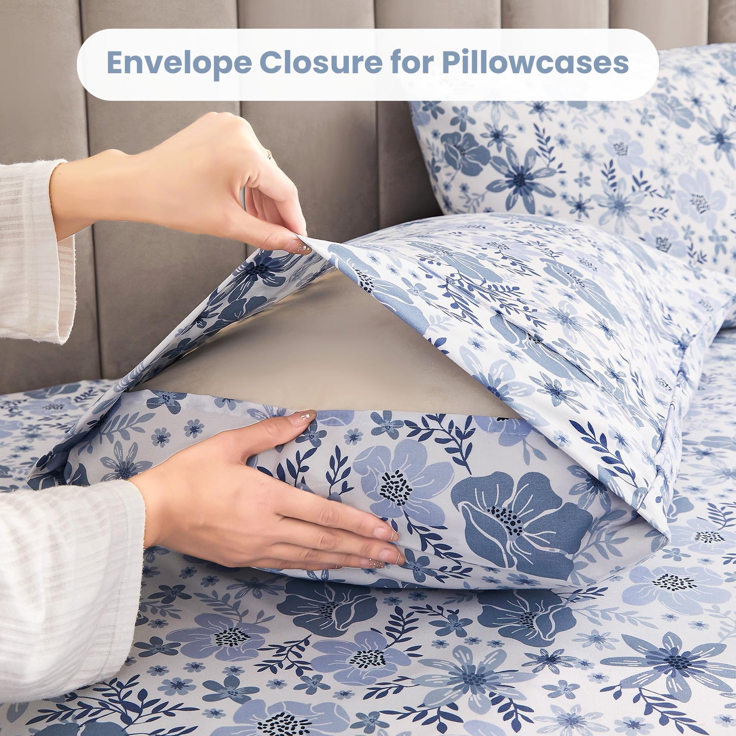 Mooreeke King Size Sheets Set - 4 Piece Soft Breathable Microfiber Bed Sheet Set - Blue & White Flower Pattern Sheet Set King - Deep Pocket Non-Slip Floral Fitted Sheet Included for All Season