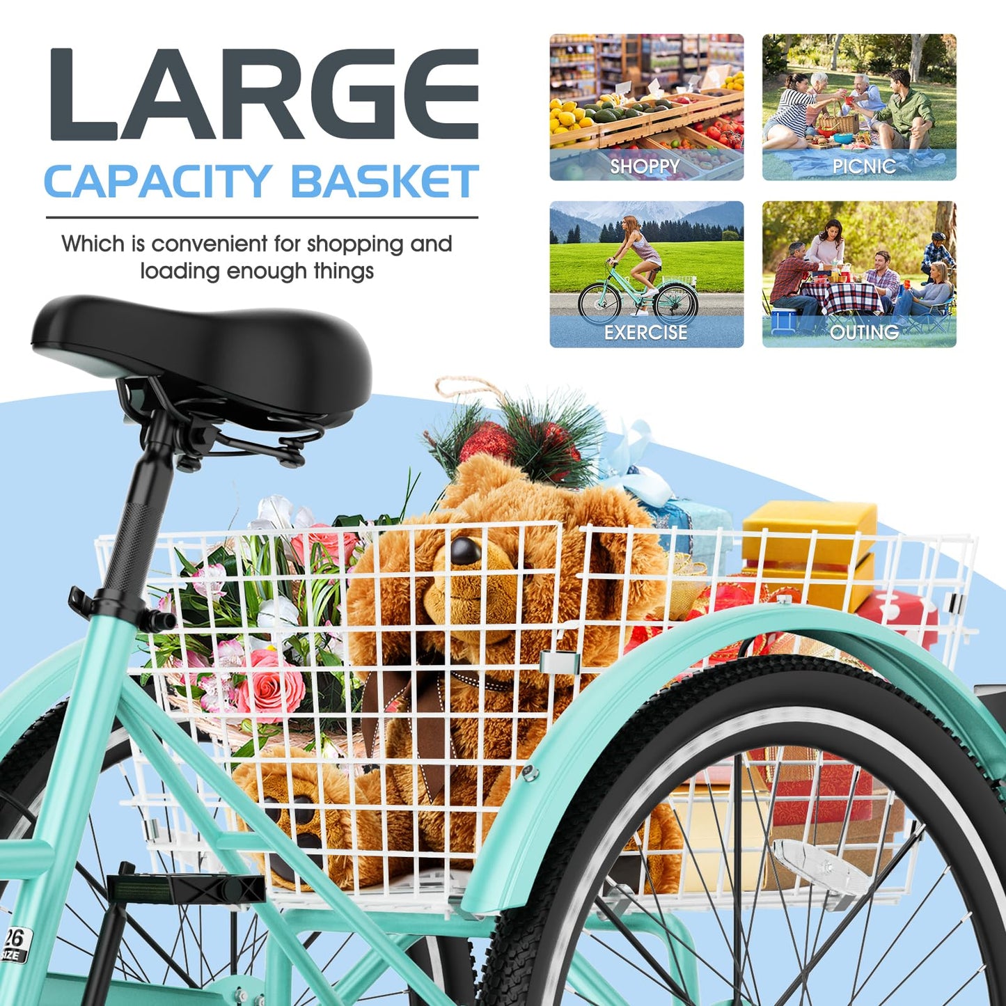 Slsy Adult Mountain Tricycle, 7 Speed Three Wheel Bike, 24/26 Inch Adults Trikes for Seniors with Shopping Basket, Exercise Men's Women's Tricycles