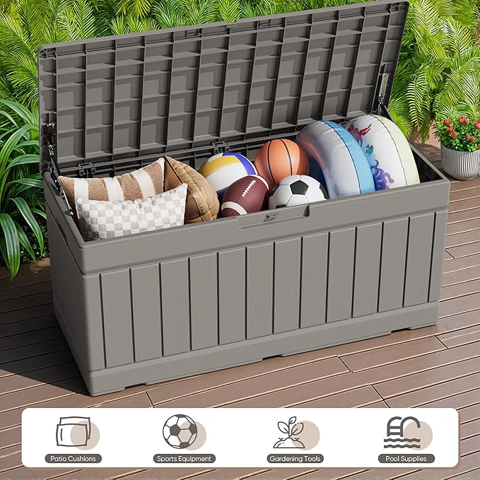 JUMMICO 78 Gallon Outdoor Deck Box Large Resin Storage Box for Patio Furniture Cushions and Garden Tools (Light Brown)