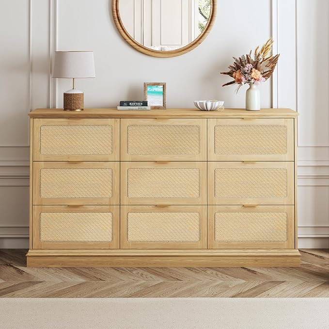 HUAHUU 9 Drawer Dresser for Bedroom, 60 Inch Long Dressers & Rattan Chest of