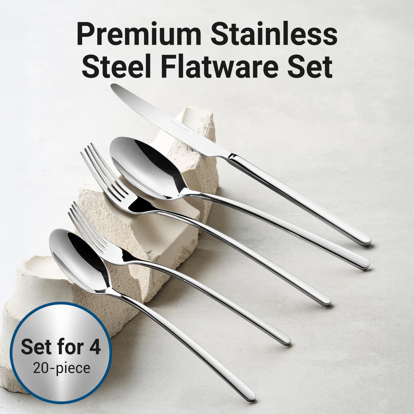 Stahlsmith Riesa Flatware Set for 4, 20-Piece 18/10 Stainless Steel Silverware Set, Modern Cutlery Set with Mirror Finish, Dishwasher Safe Kitchen Utensils, House Warming Gifts New Home