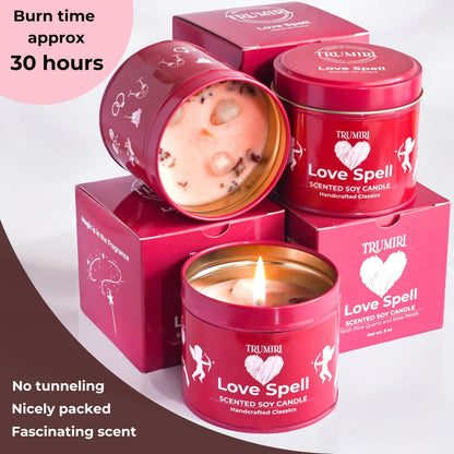 Love Spell - Scented Candles for Women & Men with Rose Petals and Crystals - Pack of 3 x 5oz Soy Clean Organic Non Toxic - Velas Aromáticas - Aromatherapy Spa Valentines Gift Candel