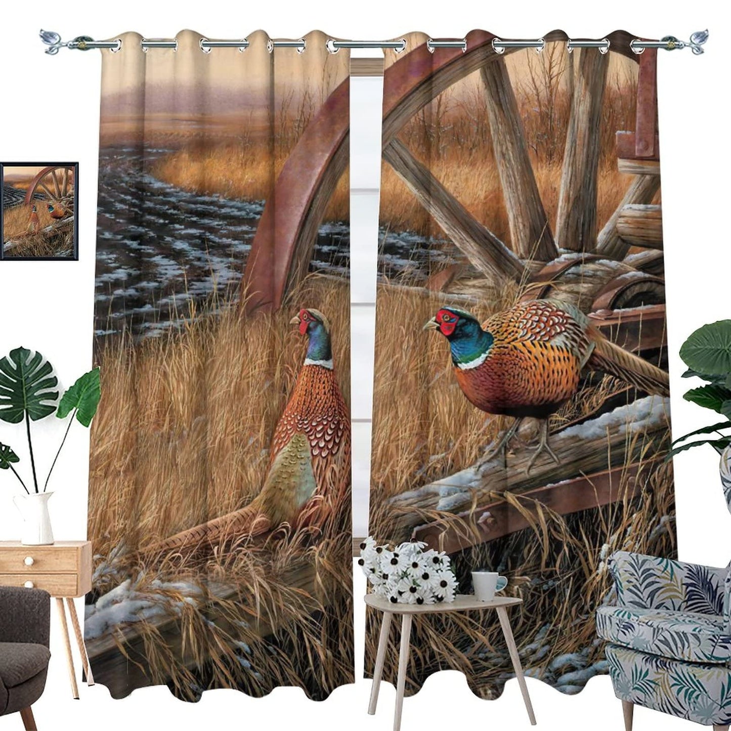 Kazynee Rustic Pheasants Ultra Soft Premier Blackout Curtains,Camouflage Wildlife Pheasants Retro Forest Country Farmhouse Thermal Insulated Bedroom Noise Reducing Grommet Top,2 Panels 63L x 21W