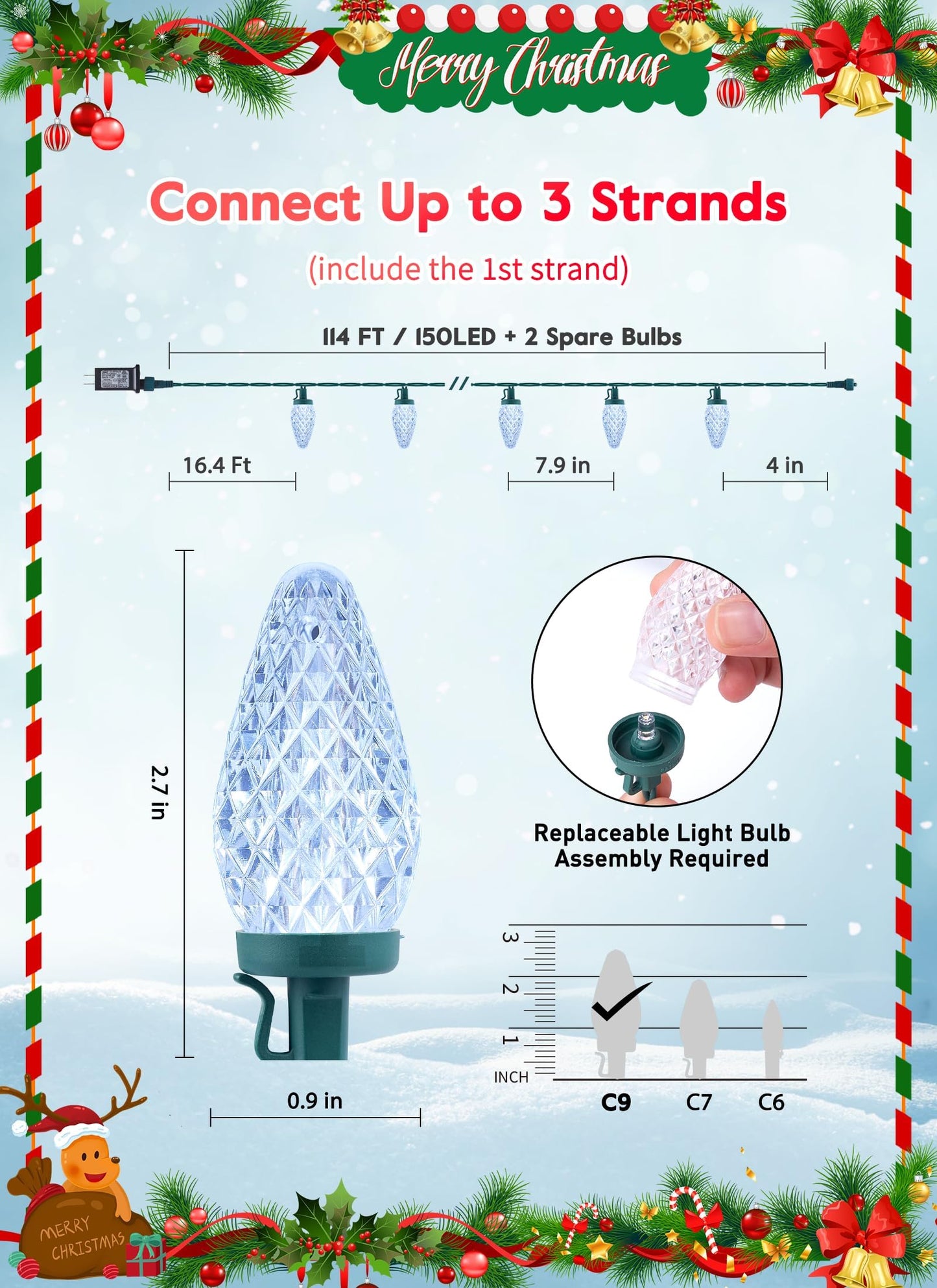 C9 Christmas Lights Outdoor, 114 Feet 150 LED C9 String Light with Timer & 8 Light Modes, Waterproof Commercial Grade Connectable Christmas Tree Lights for House Indoor Outside Roofline, Pure White