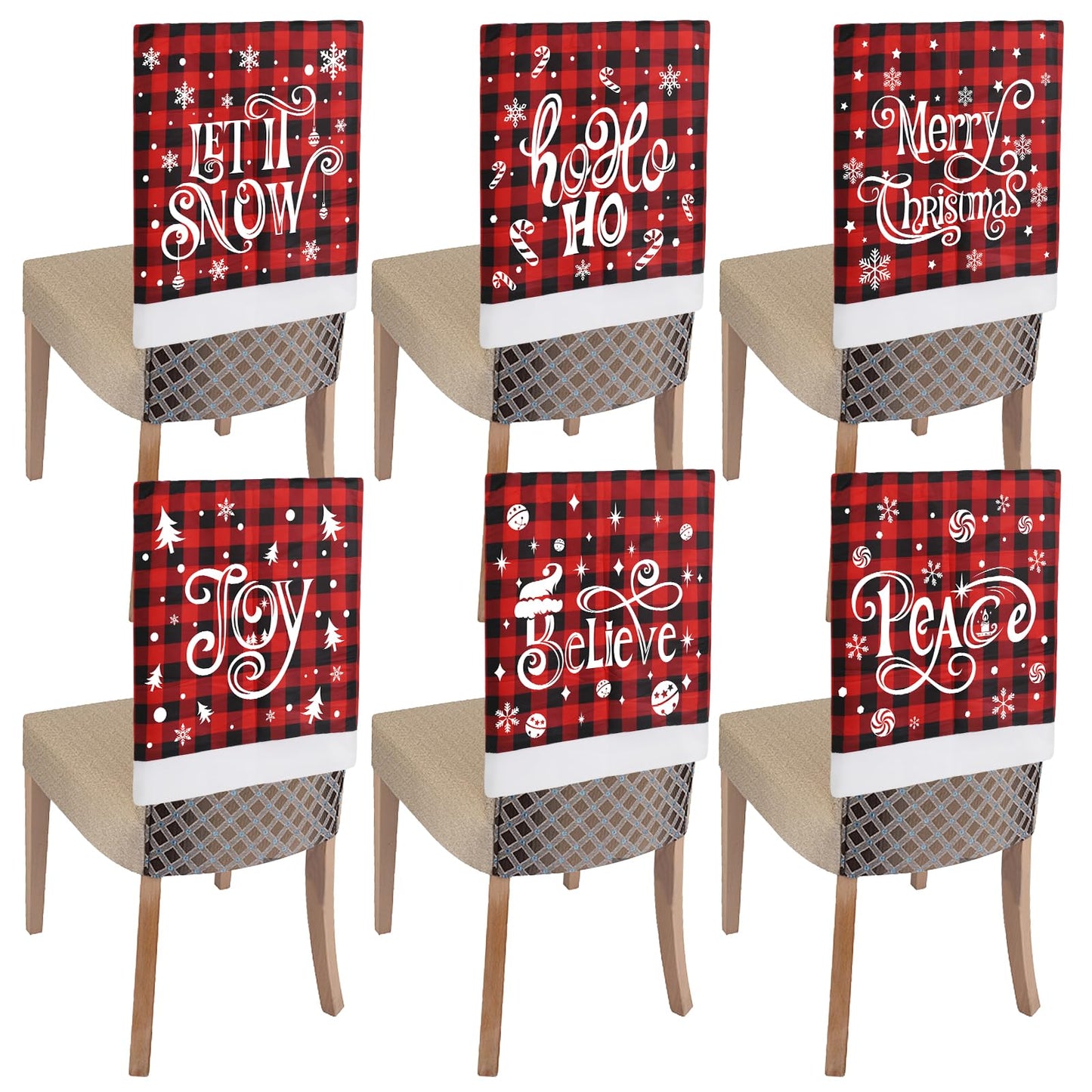 CCINEE 6pcs Christmas Chair Back Covers, Red and Black Buffalo Plaid Chair Slipcovers with Snowflake Xmas Chair Back Cover for Dining Room Kitchen Wedding Hotel Xmas Party Table Decor
