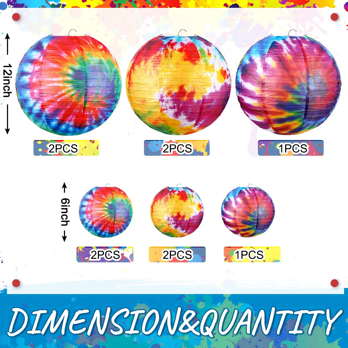 10 Pcs Tie Dyed Groovy Paper Lanterns Chinese/ Japanese Lanterns Groovy Party Decorations Tie Dye Party Supplies Classroom Hanging Ceiling Decorations for Home Decor Parties Weddings (12 Inch/ 6 Inch)