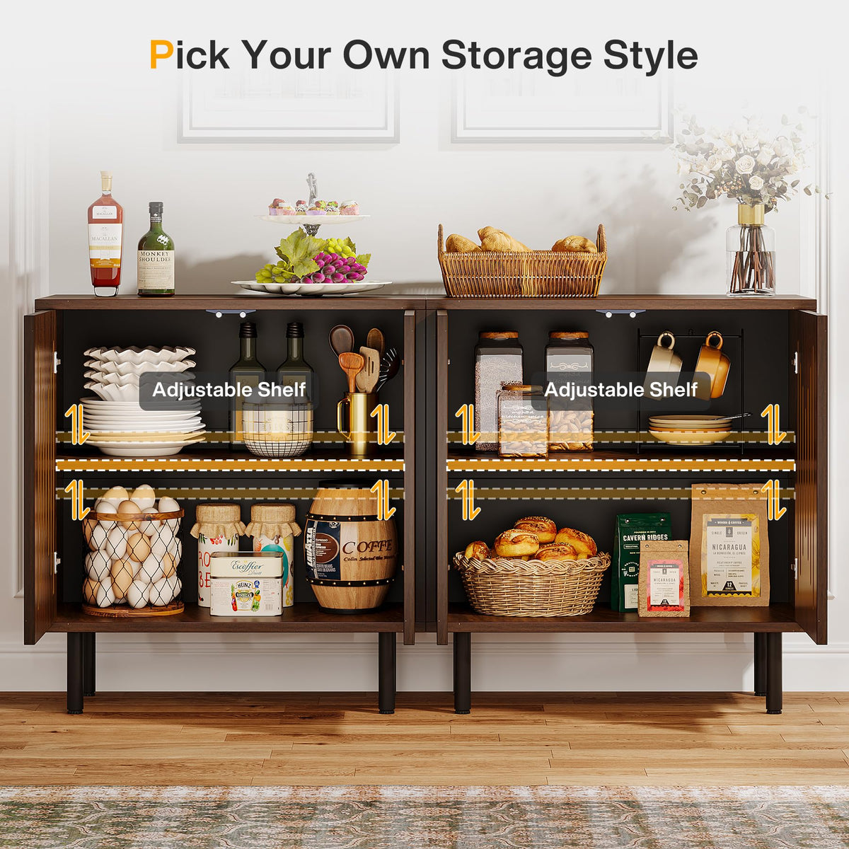 Tribesigns Set of 2 Sideboard Buffet with Storage, 59" Buffet Sideboard Cabinet with Adjustable Shelves, Accent Storage Cabinet for Living Room, Dark Brown