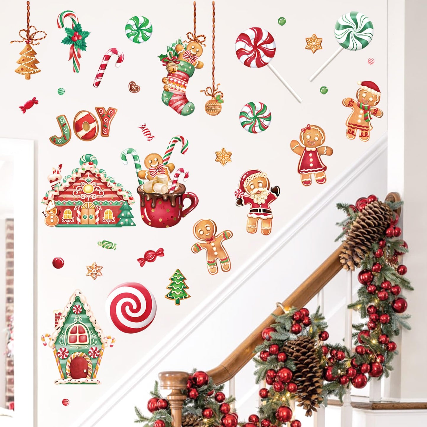 Wondever Gingerbread Man Wall Stickers - Peppermint Candy Cookie & Christmas Window Wall Art Decals for Party & Kitchen