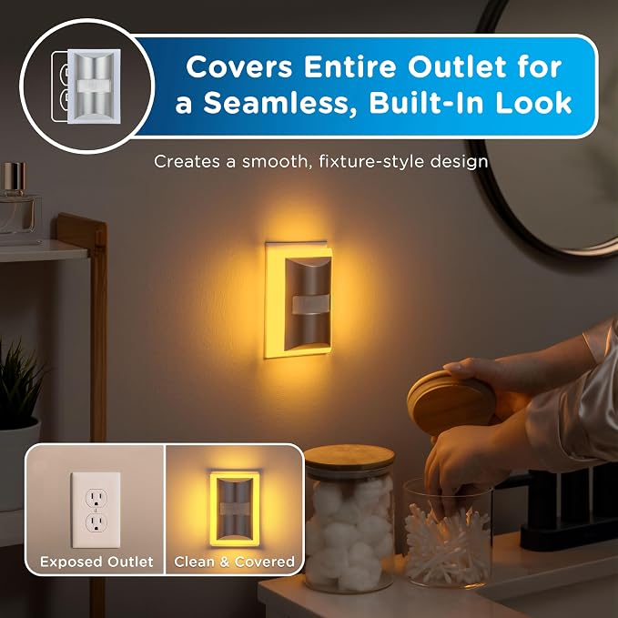 Enbrighten SleepLite Motion Sensor Night Lights Plug Into Wall Nightlight Amber Light Bathroom Bedroom Kitchen Nursery Kids Adults Brushed Nickel 2-Pack