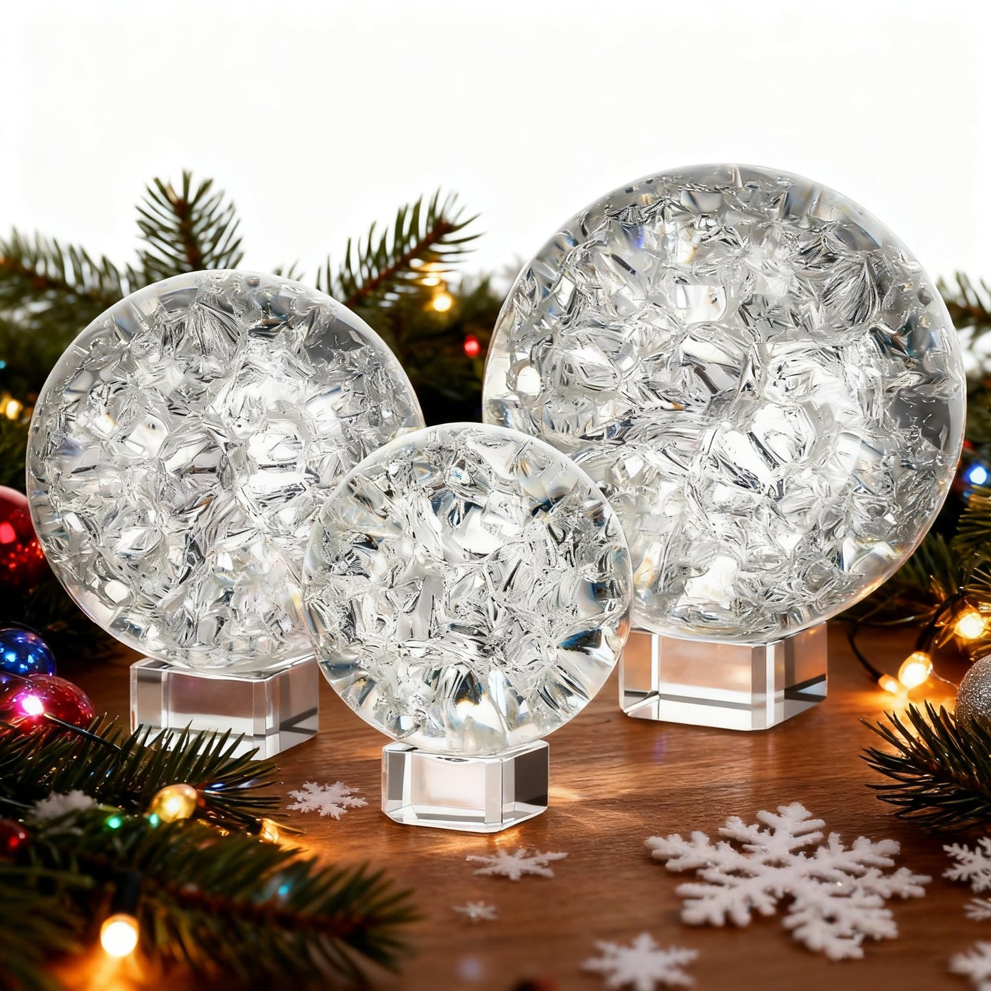 ZEERSHEE 3pcs Clear Ice Crack Glass Orb Set with Display Stands, 2.4"/3.1"/3.9" Decorative Art Spheres for Home Decor, Office Desk Accent, Bookshelf Styling and Gift Giving