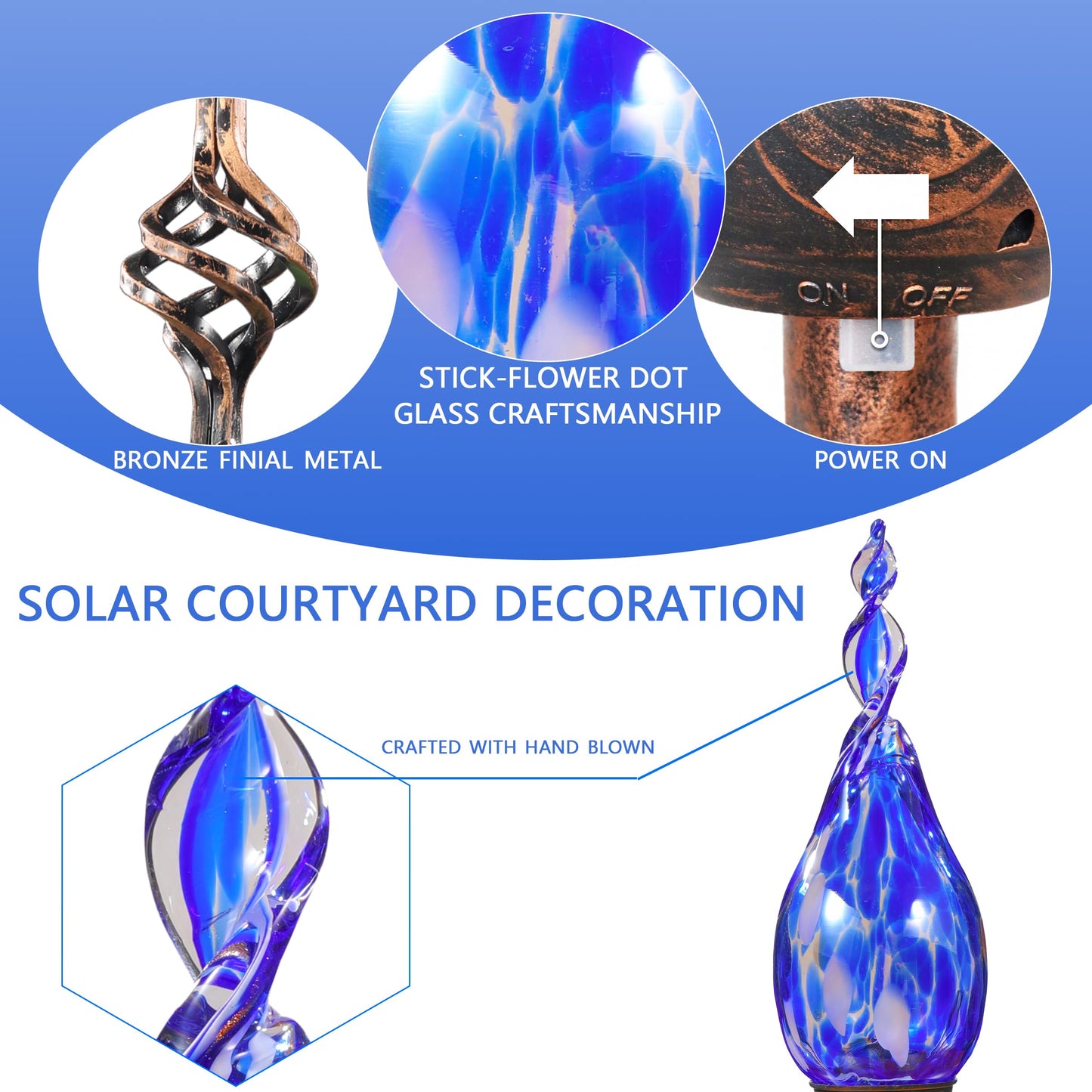 Naboher Solar Garden Lights Outdoor, Decorative LED Flame Garden Stakes, Hand Blown Glass and Outdoor Waterproof Glass Stakes (Dark Blue)