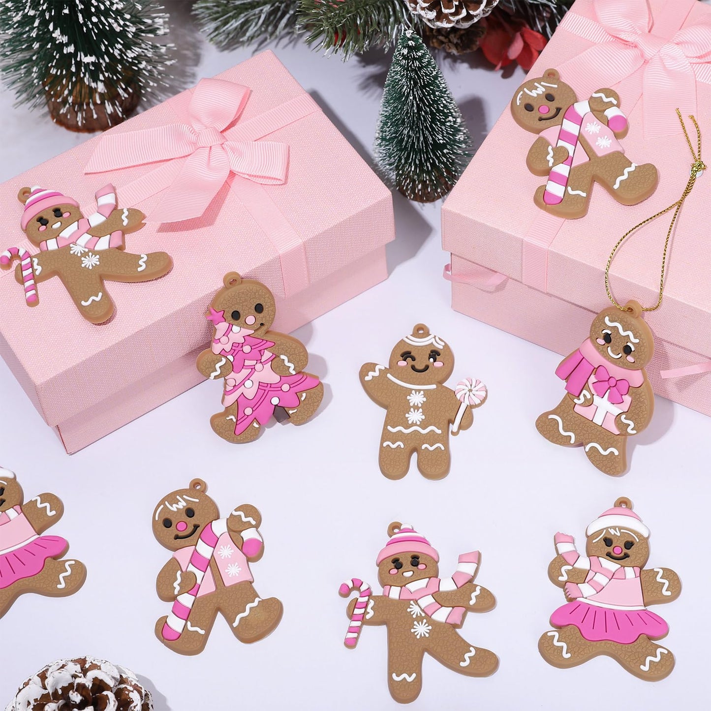 JarThenaAMCS 18Pcs Christmas Hanging Ornament Pink Gingerbread Candy Cane Pendant Charm Cute Tree Wall Hanging Decoration for Xmas Winter Party Supplies