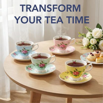 BTaT- Floral Tea Cups and Saucers, Set of 12, 8 oz, Fine Porcelain Teacup Set with Gold Trim for Afternoon Tea, Weddings, Parties & Gifting, Dishwasher Safe, Lightweight, Non-Toxic, Mothers Day Gift