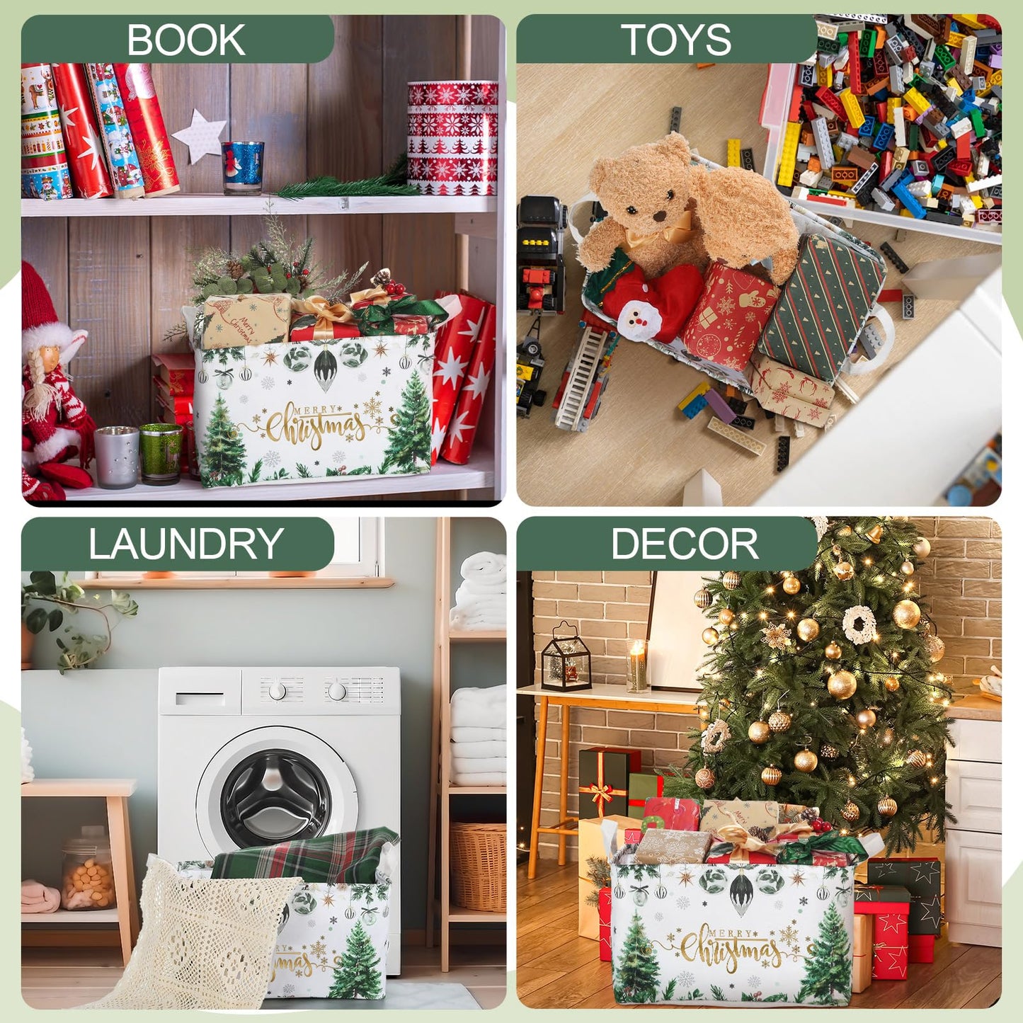 Threehoney 3Pcs Large Merry Christmas Tree Gift Storage Baskets Xmas Ball Collapsible Storage Bin Empty Candy Decor Canvas Laundry Basket Foldable Box with Handle for Home Office(Green,Classic Style)