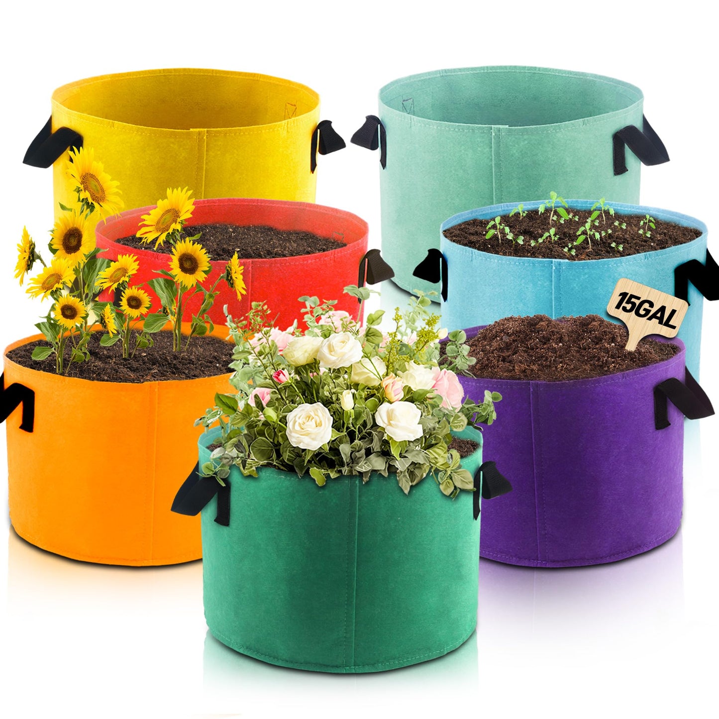 Biotolot 15-Gallon Fabric Grow Bags (7 Pack of Mix Colors) with Handles for Potato Tomato Flower and Vegetables