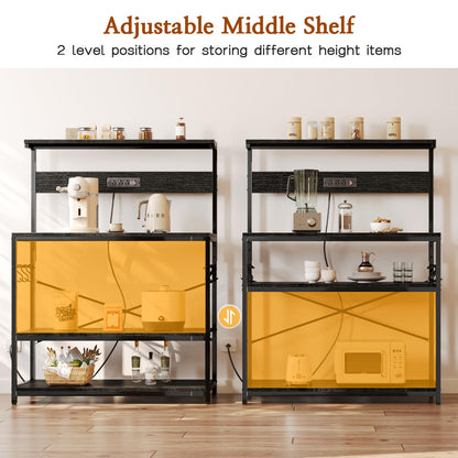 SUPERJARE Kitchen Bakers Rack with Power Outlet, Coffee Bar Table 4 Tiers, Kitchen Microwave Stand with 6 S-shaped Hooks, Storage Shelf Rack for Spices, Pots and Pans - Rustic Brown