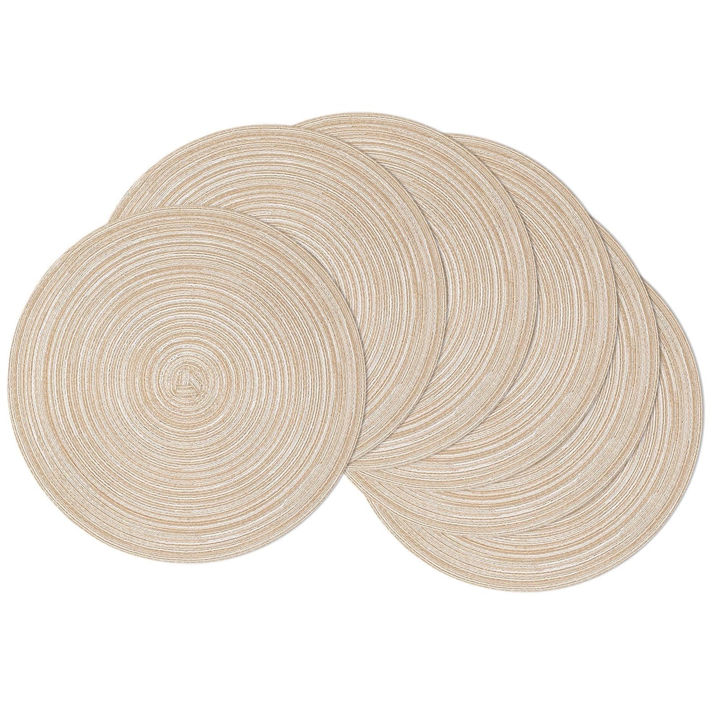 SHACOS 15 inch Round Braided Placemats Set of 6 Non Slip Heat Resistant Cotton Polyester Table Mats Washable Place Mats for Dinner Party Table Decoration (Beige, 6)