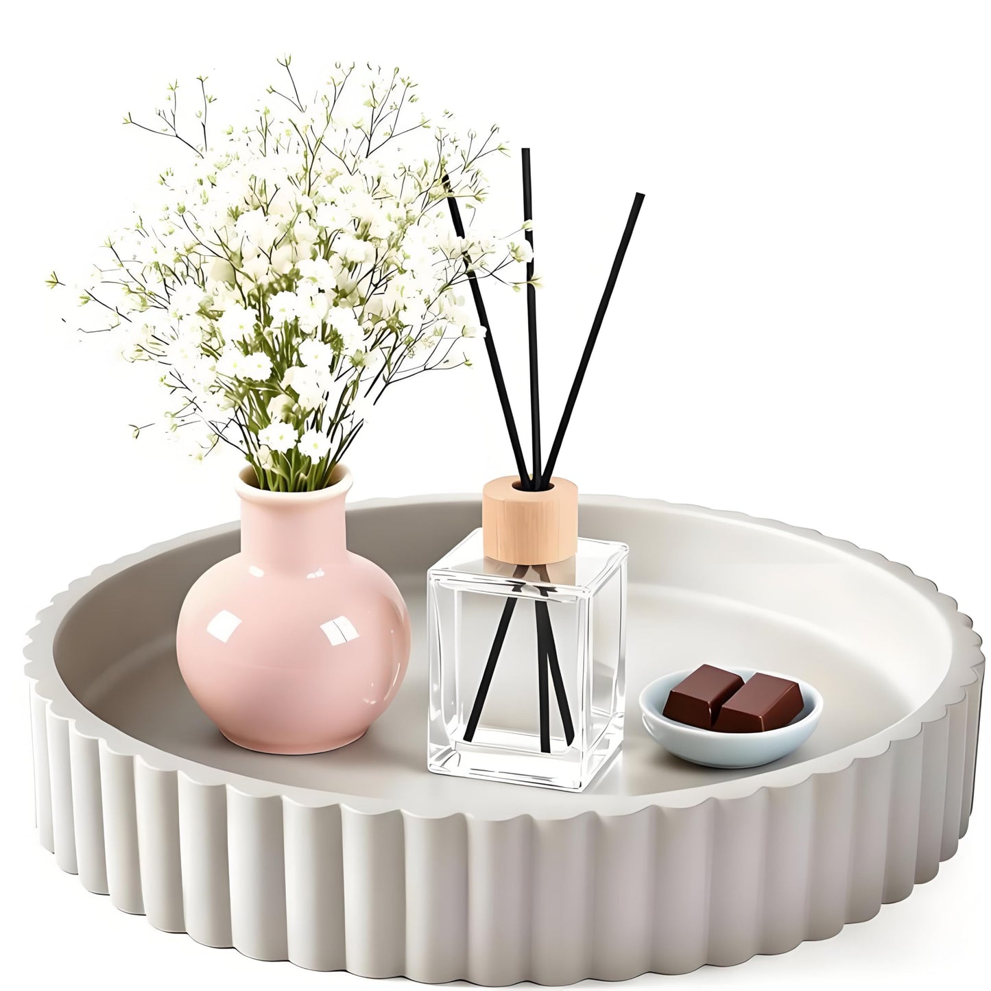 11" Round Fluted Concrete Decorative Tray, Gray Ribbed Modern Vanity Tray for Coffee Table, Bathroom Counter, Kitchen Island, Elegant Centerpiece for Home Decor, Bandeja Decorativa