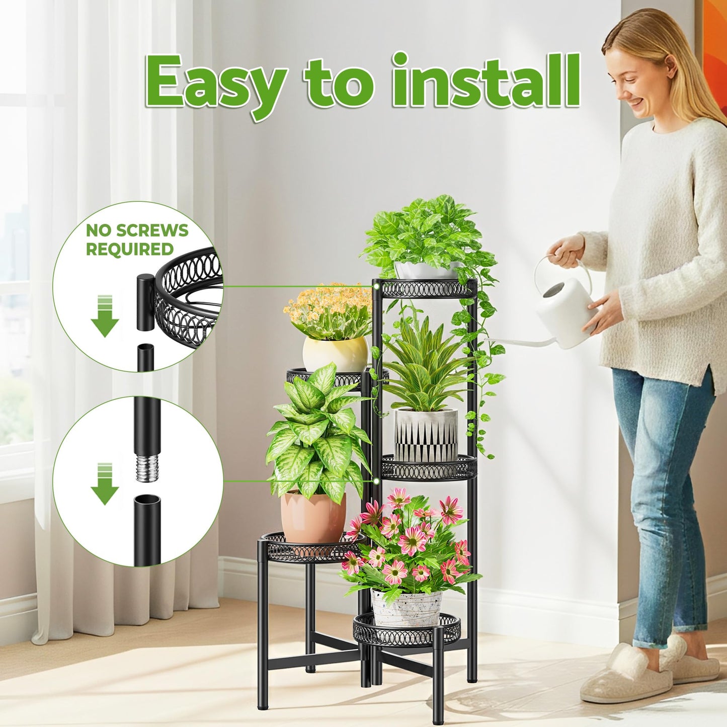 NQW Plant Stand Indoor Outdoor, 5 Tier Corner Metal Flower Display Holder Stand, Folding Tall Plant Rack for Patio Balcony Porch Garden Living Room House, Heavy Duty Wrought Iron Plant Shelf - BlackFlower