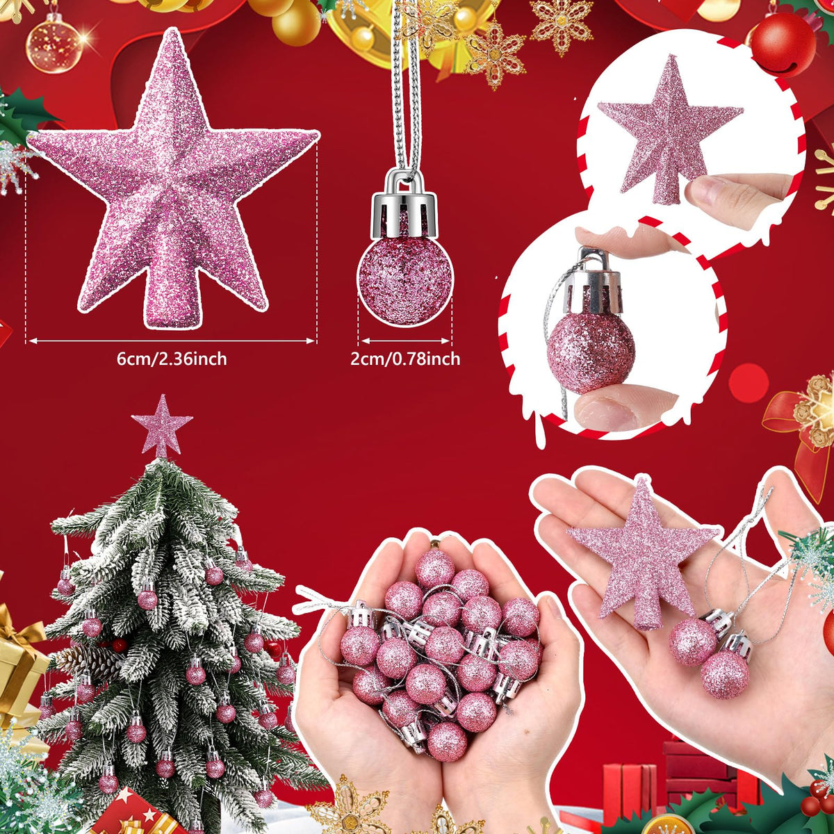 RoundFunny 25 Pcs Mini Valentine's Day Ornaments Set 0.79 Inch Glitter Valentine's Day Ball Tree Topper Star Hanging Ornaments for Party Decoration(Pink)
