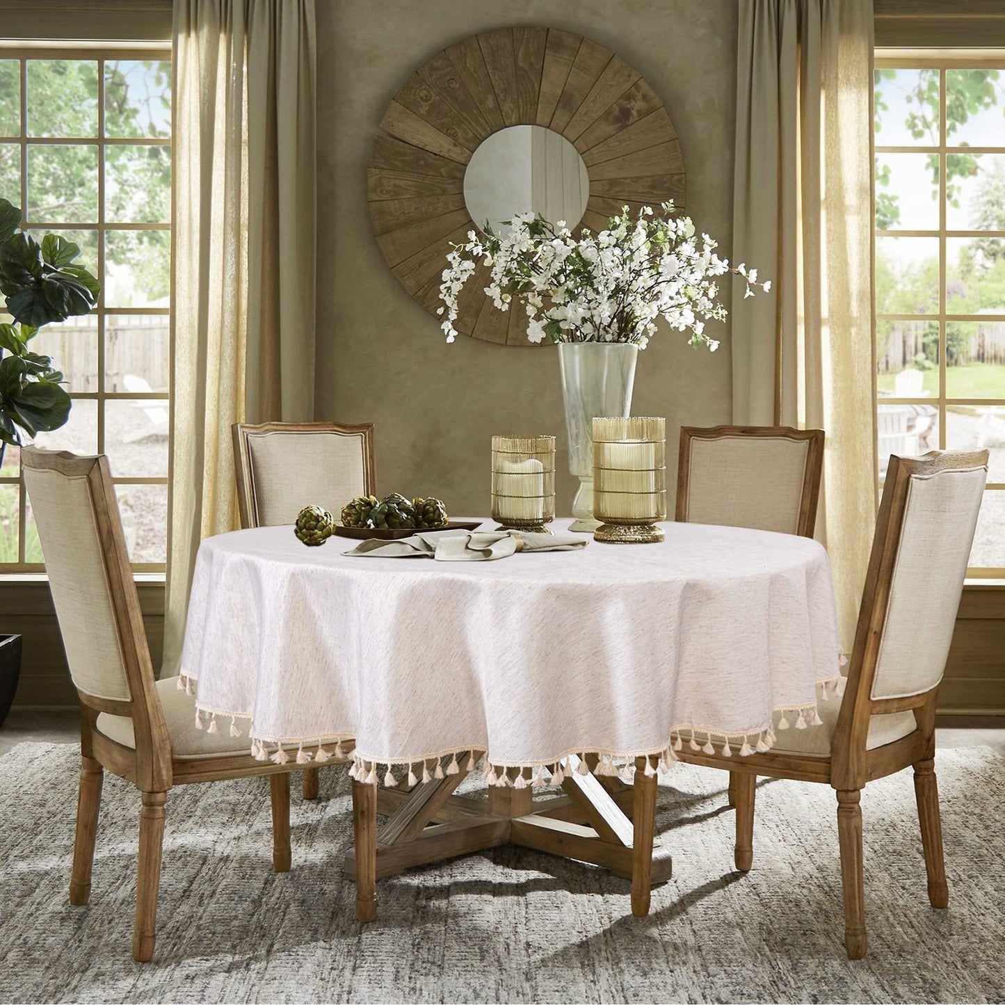 MYSKY HOME Table Cloth 60 in Round Cotton Tablecloth, Heavy Duty Linen Look Waterproof Tablecloths Farmhouse Tablecloth, Soft and Wrinkle Free Table Cover with Beige Tassels for Kitchen Dining, Party