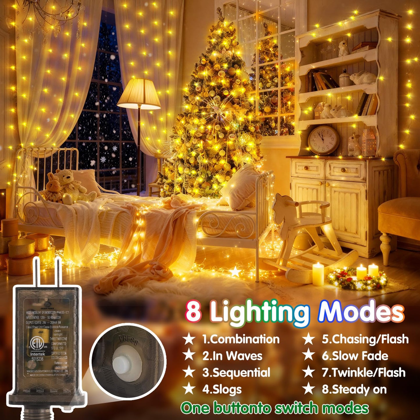 KNONEW 203FT Outdoor Christmas Fairy Lights Plug in,600 LED String Lights Outdoor Waterproof 8 Modes Memory Times for Wedding Bedroom Walls Garden Trees Decoration(Warm White)