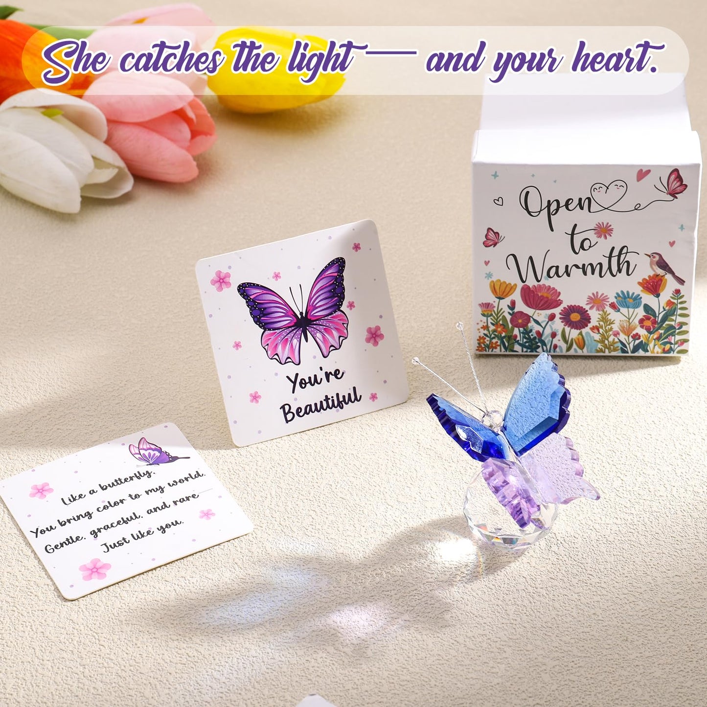 Crystal Butterfly Figurine, "You're Beautiful" Encouragement Gift with Card & Gift Box, Thinking of You Present for Mom Sister, Sympathy Get Well Soon Gift for Women, Blue-Purple Butterfly Decor