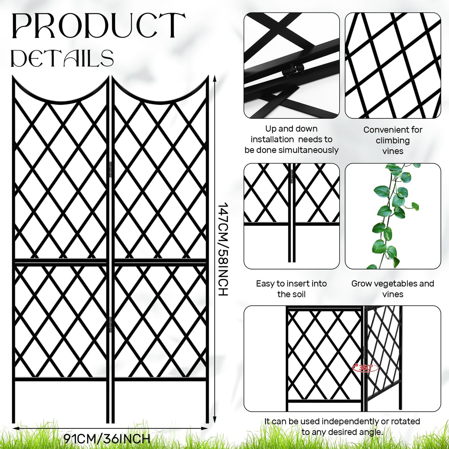 Newtay Giant Trellis for Climbing Plants, Rustproof Metal Vine Trellis with Black Coating Large Heavy Duty Plant Trellis for Outdoor Climbing Plants Vegetables Support (58'' X 36'',Stylish Style)