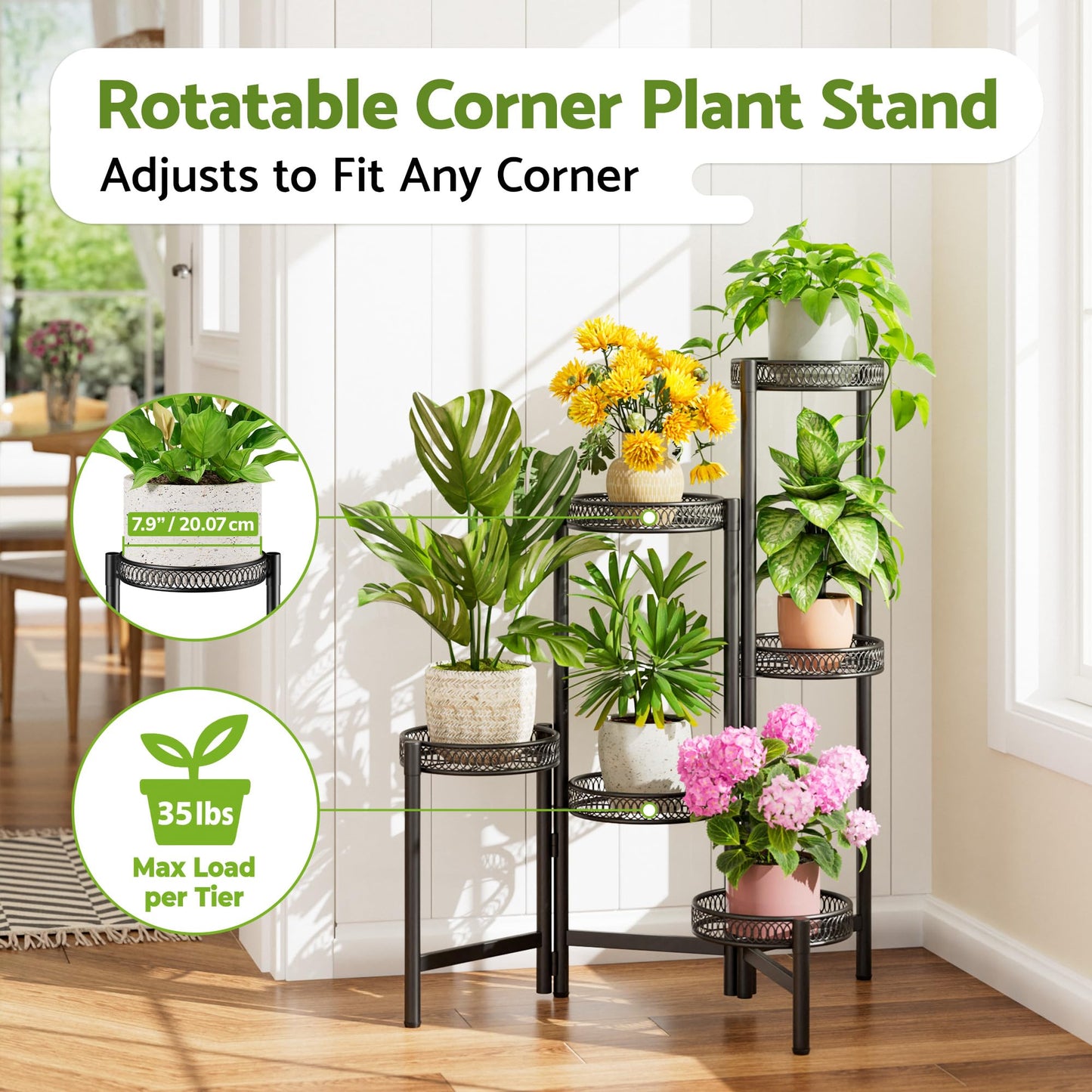 NQW 6 Tier Large Plant Stand Indoor with 7.9-Inch Wide Drainage Tray, Tiered Corner Metal Outdoor Flower Display Holder Shelf, Folding Tall Rack for House Patio Porch Balcony Graden - BlackFlower