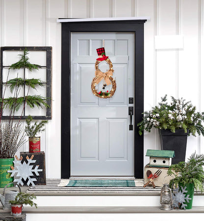 DearHouse 16 x 8 Inch Lighted Christmas Wreath Decoration, Grapevine Wreath with Hat and Bow Snowman Shape Wreath for Front Door Home Garden Wall Decor
