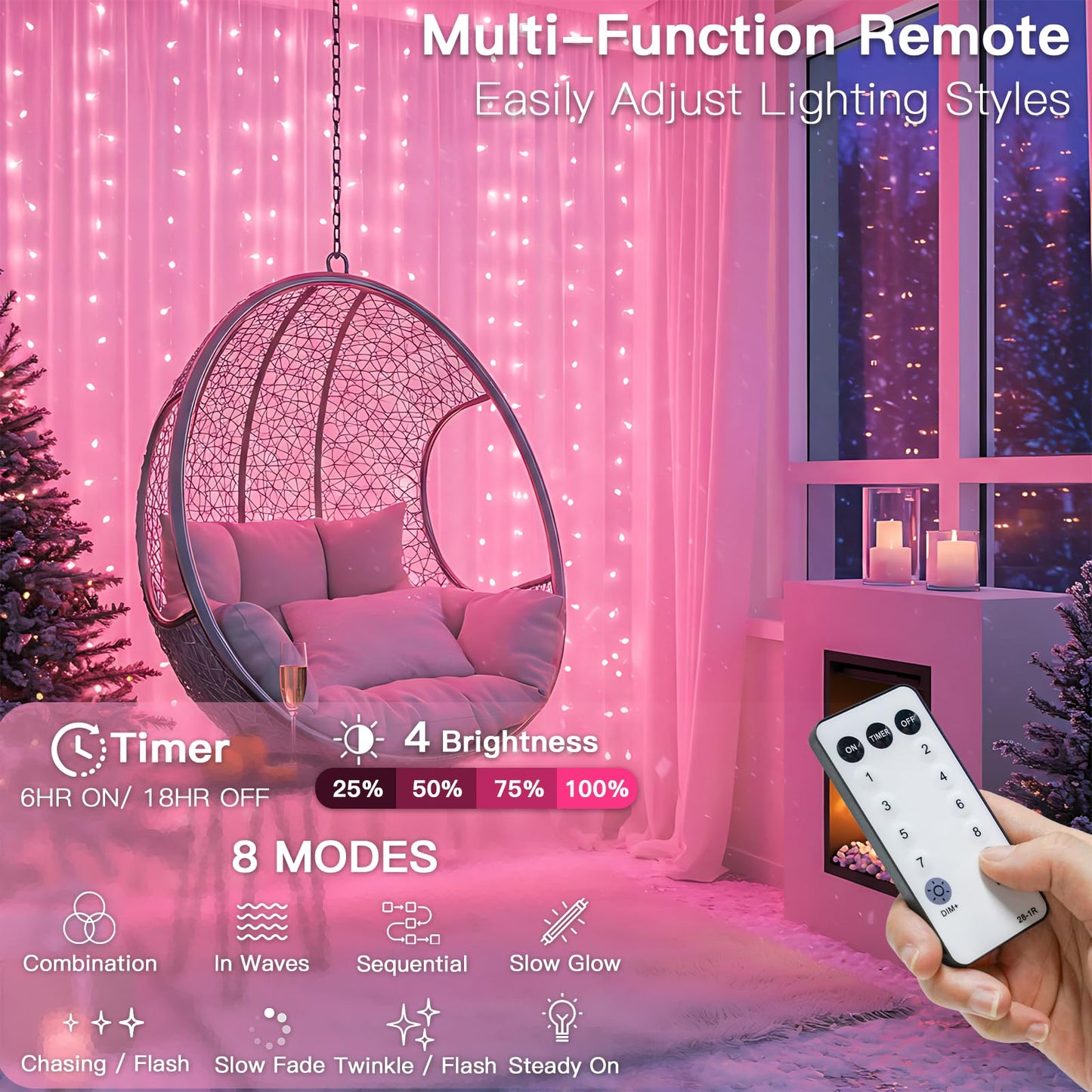 suddus Curtain Lights for Bedroom, 300 Led 9.8ft x 9.8ft Hanging String Lights Outdoor, Fairy Curtain Lights for Backdrop, Window, Wall, Wedding, Party,Birthday Decoration,Pink