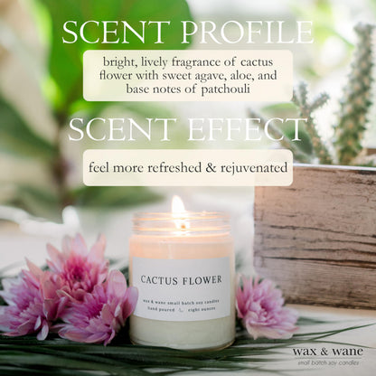 Wax & Wane Cactus Flower Modern 8oz Handmade Candle For Men and Women - Long Burning 40+ Hours Candles For Home, Bedroom, and Bathroom - 100% Natural Soy Candles Made in the USA