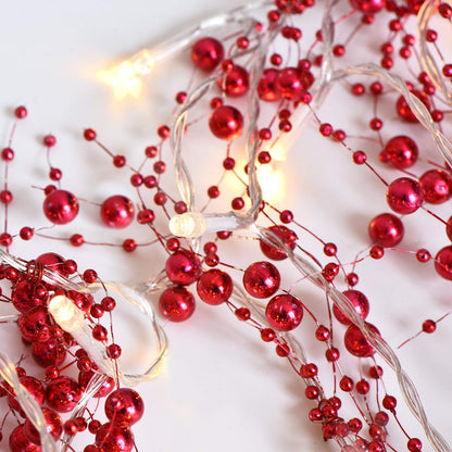 Mudder 10 Feet 30 LED Christmas Light Metal Berry Beaded Garland Indoor Christmas String Lights for Fireplace Mantel Indoor Xma Light Decorations(Red)