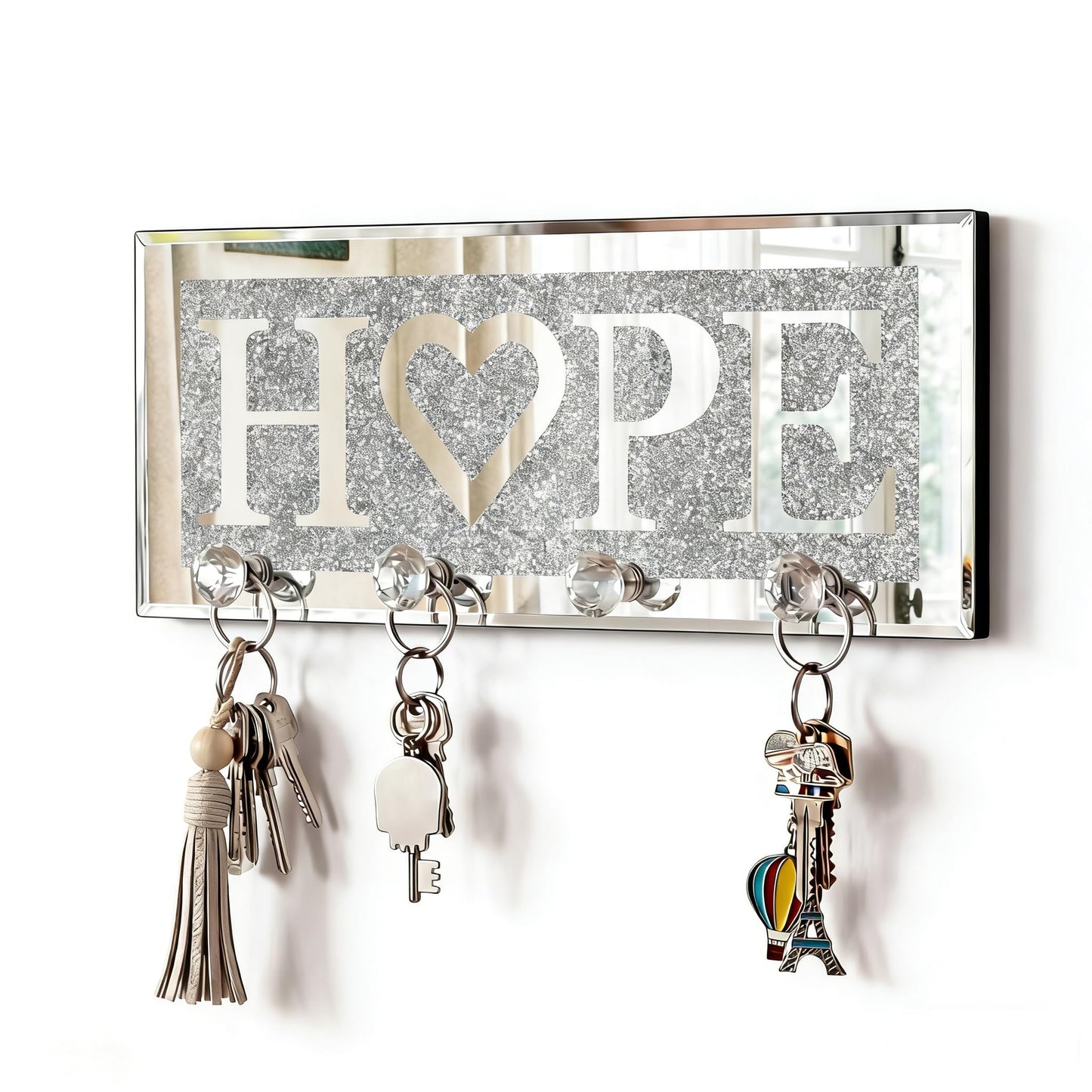 SHYFOY Crystal Clear Hooks Key Holder Key Hanger, Sparkly Mirrored Home Letters Plaque Sign for Decor, Silver Mirror Decoration Wall Art for Entryway Hallway Living Room, Hope Letter