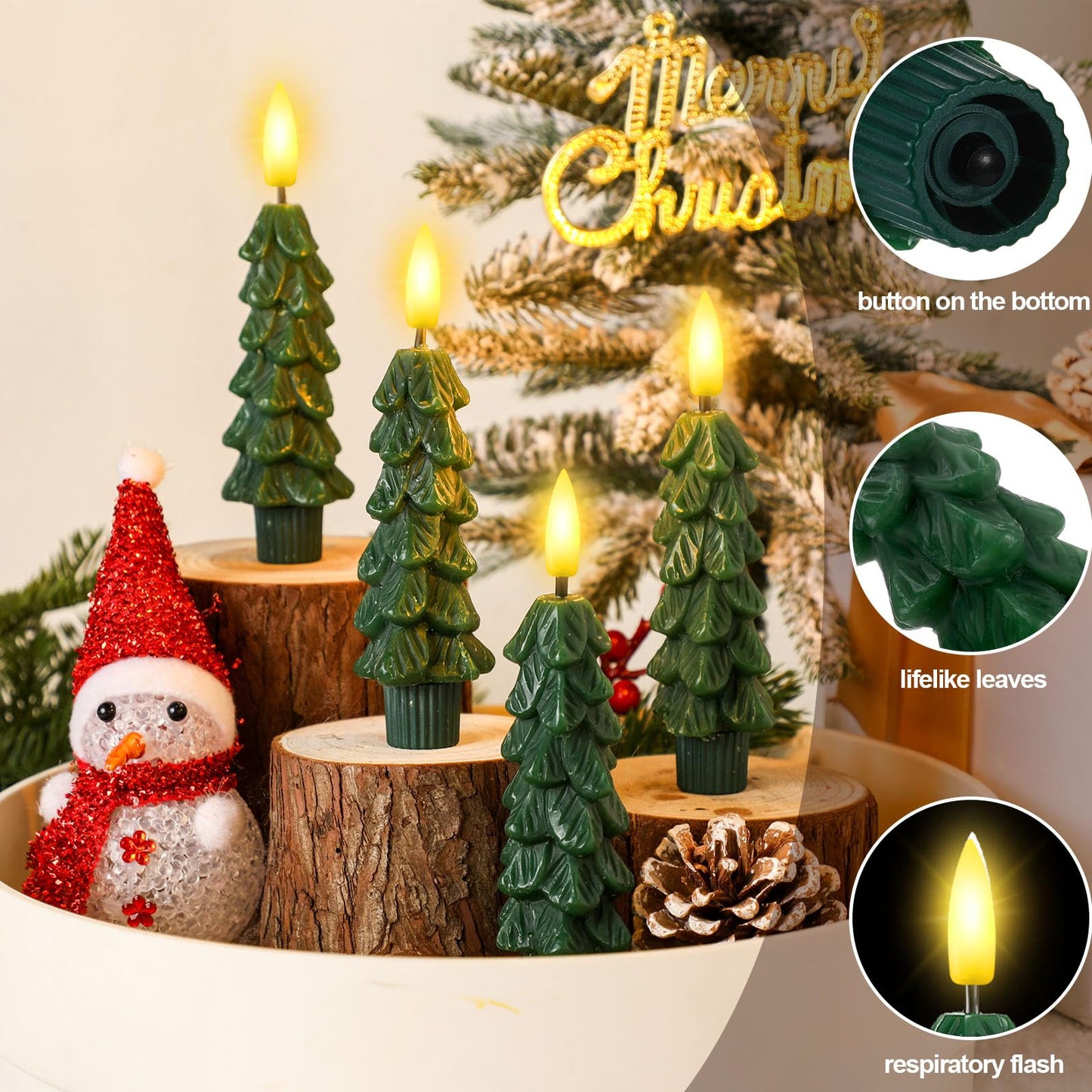 Funtery 6 Pcs Short LED Christmas Tree Flameless Taper Candles - 5 Inches Cute Small Real Wax Battery Operated Green Candlestick Lights with 3D Flame and Remote Timer for Window Fireplace