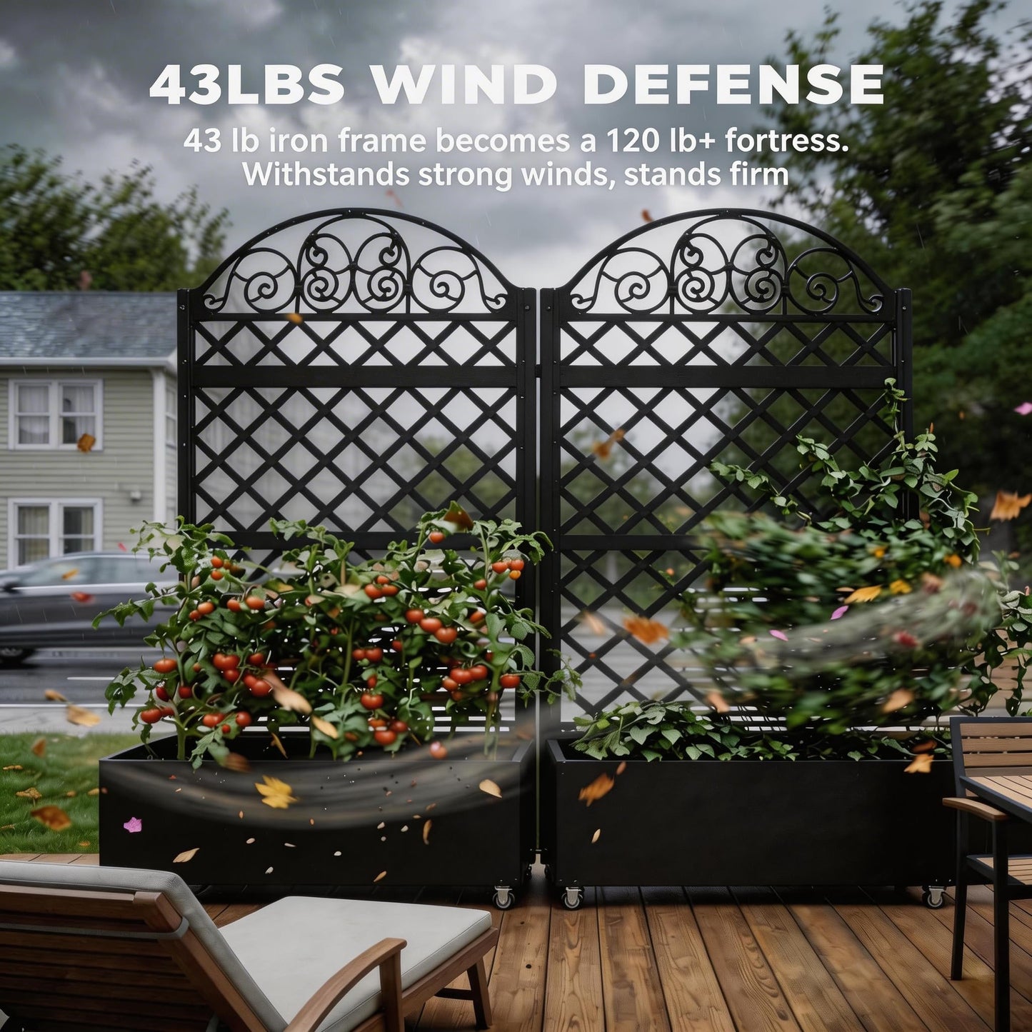 Privacy Planters for Patio, 73" Ornamental Metal Planter Box with Trellis & Locking Wheels, Scrollwork Arch Raised Garden Bed for Climbing Plants Roses Vines, Outdoor Flower Box with Drainage