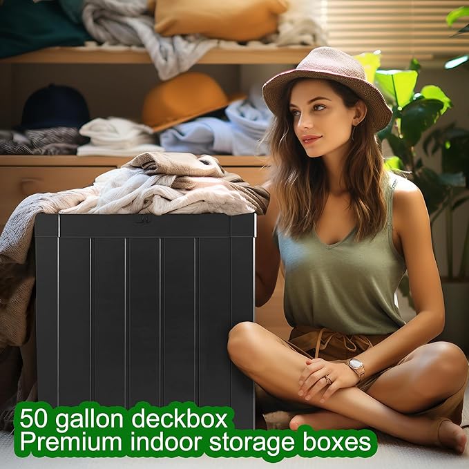 50 gallon deck box,All-weather resin material outdoorstorage box easy to install and portable,Suitable for indoor and outdoor scenes (black)
