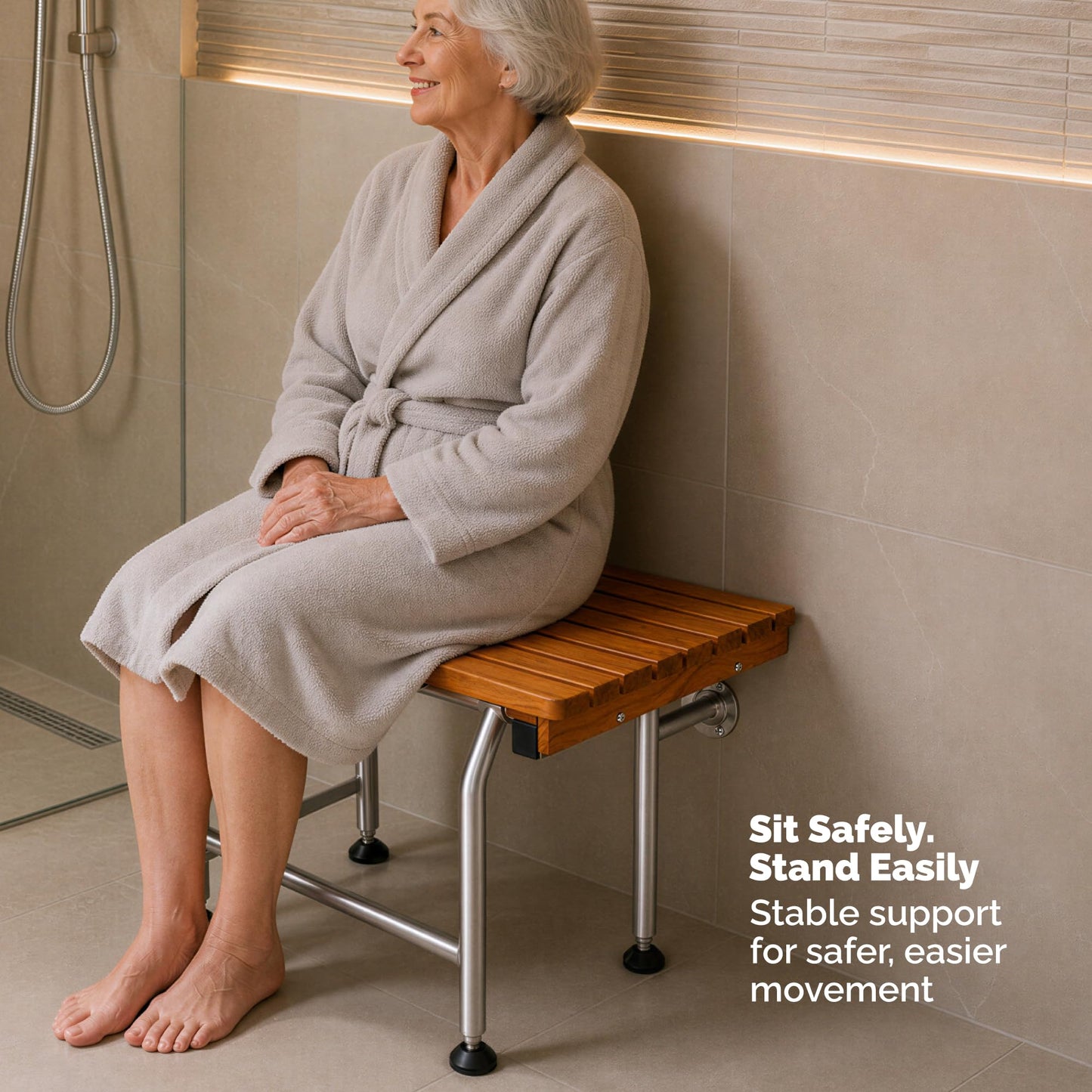 Teak Shower Seat Bench with Drop Down Legs – ADA Compliant Folding Teak Shower Bench, Wall Mounted Fold Up Bath Seat, 400 lb Capacity, Waterproof Teak Wood (18 Inches)