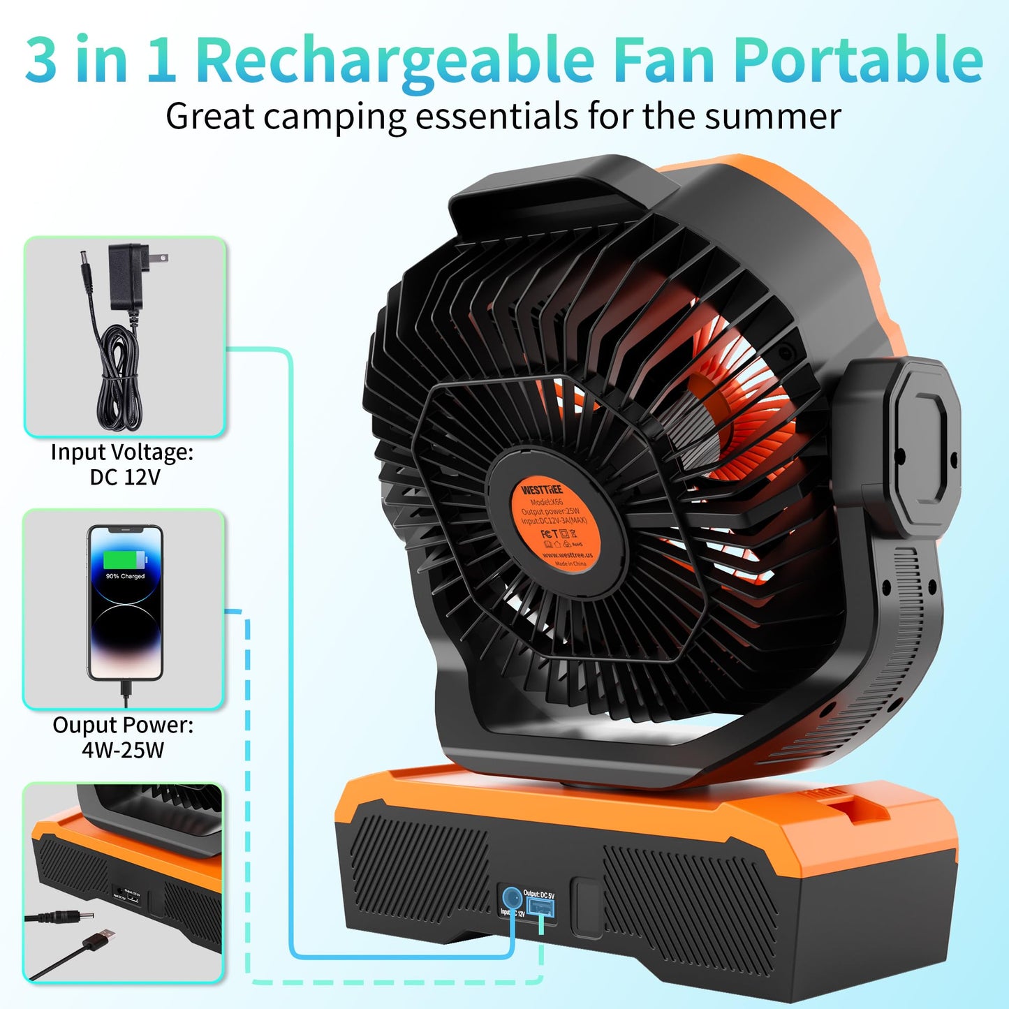 WESTTREE Battery Powered Fan Powerful Airflow Battery Operated Air Circulator Fan for Bedroom,Quiet & 360°Auto Oscillating Rechargeable Camping Fans with LED Light (RGBW) X66 Orange