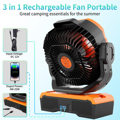 WESTTREE Battery Powered Fan Powerful Airflow Battery Operated Air Circulator Fan for Bedroom,Quiet & 360°Auto Oscillating Rechargeable Camping Fans with LED Light (RGBW) X66 Orange