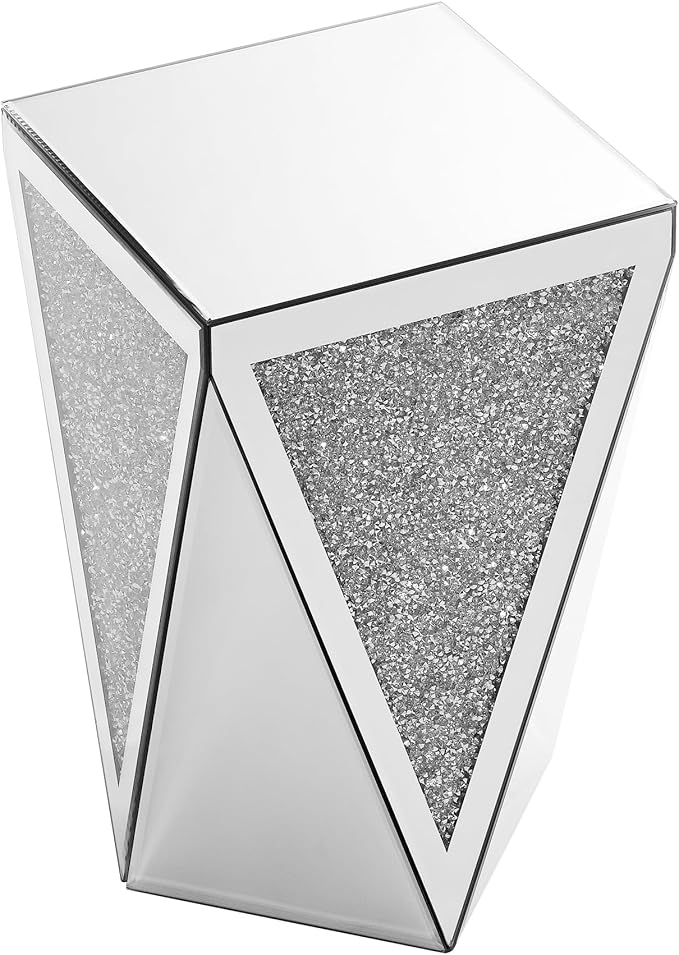 Inverted Triangular Mirror Square End Table, Crystal Diamond Inlaid Coffee Table