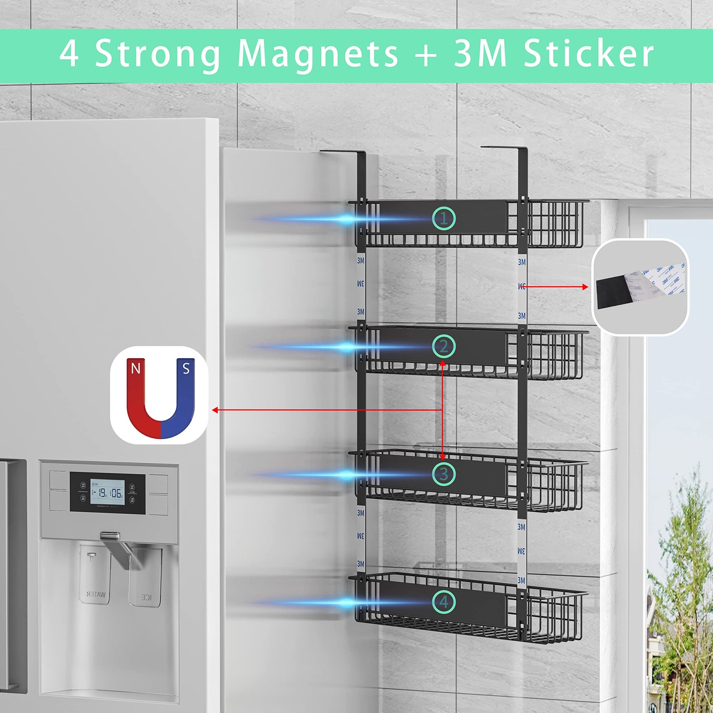 4 Tier Magnetic Spice Rack | Strongly Magnetic Spice Shelf with Utility Hooks | Refrigerator Spice Storage | Kitchen Storage Rack for Placing Seasoning Bottles, Plastic Wraps or Garbage Bags (Black)