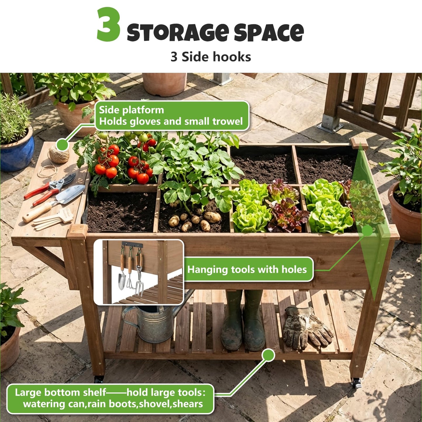 33"H Raised Garden Bed with Wheels, Ergonomic Elevated Wood Planter Box with Shelves and Root Drainage, Upgraded Metal W-Shaped Sturdy, Ideal for Vegetable Herb Flower, Backyard Balcony Patio