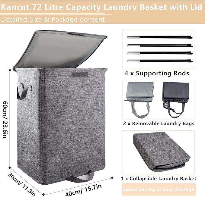 Foldable Laundry Hamper with 2 Removable Drawstring Bags, Portable Laundry