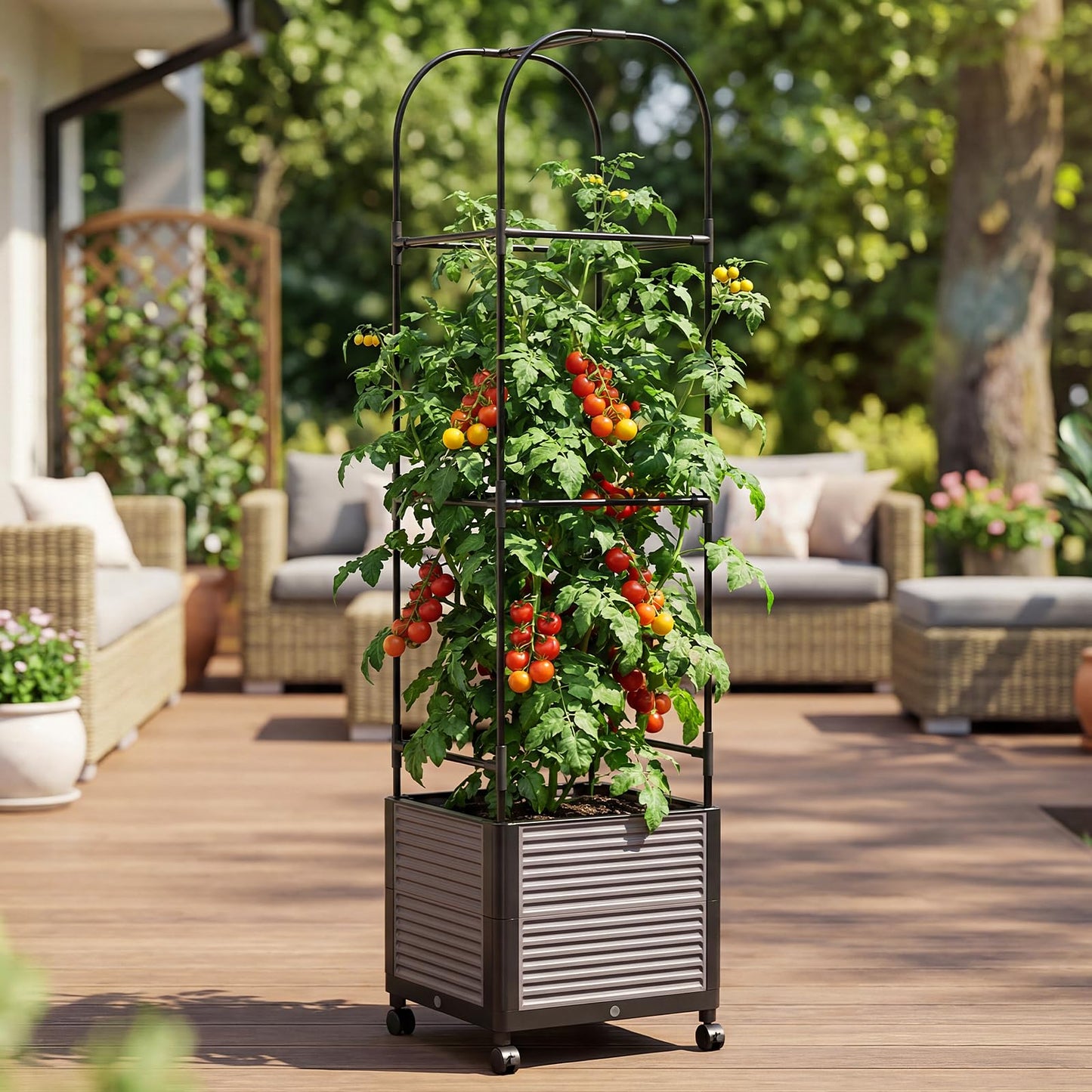 UrGROWA Raised Garden Bed Planter Box with Trellis, 61''H Tomato Planters for Climbing Plants Vegetable Vine Flowers Outdoor Patio Tomato Cage, Self Watering Planter with Wheels