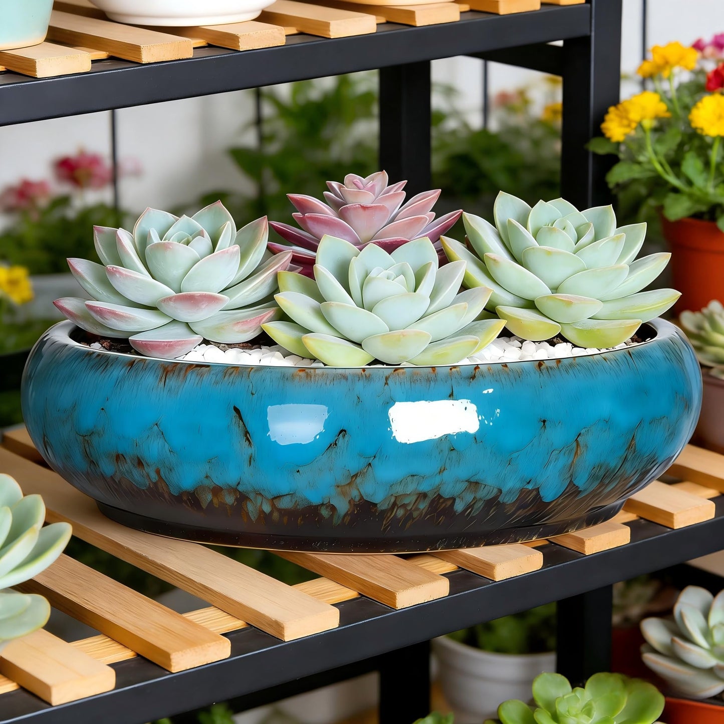 Succulent Pots, 10 Inch, Shallow Planter with Drainage for Succulent Planters, Bonsai Pots & Cactus Pots, Plant Pots, Ceramic Planters for Indoor Plants - Perfect for Home Offie Garden Decor, Blue