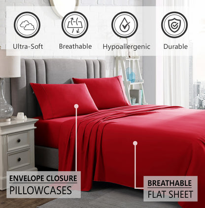 American Home Collection Full Size Sheet Set - Ultra-Soft Microfiber 15-Inch Deep Pocket - Wrinkle Free and Fade Resistant (Red)