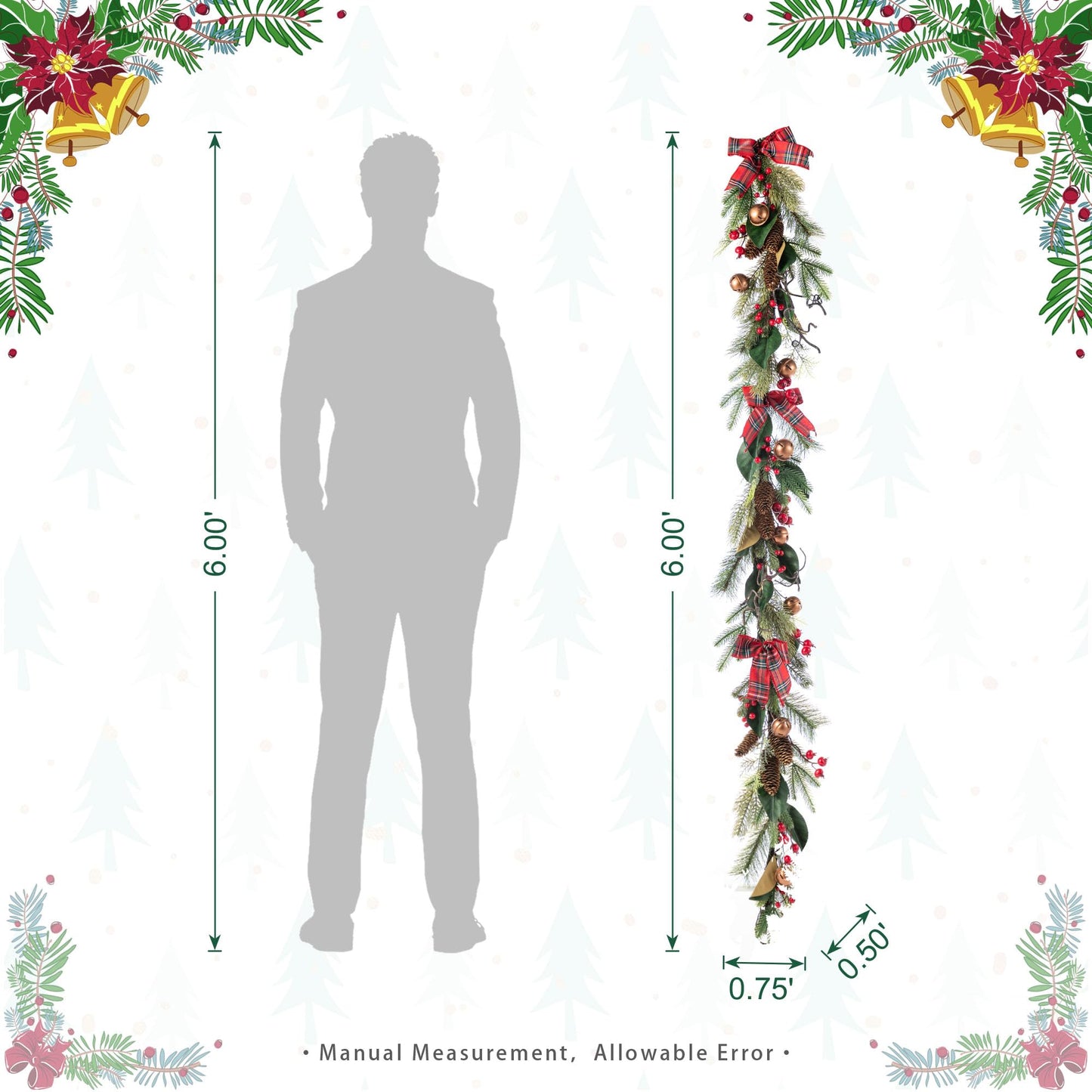 Glitzhome 6FT Christmas Garland with Bells, Pinecones, Berries and Bow Pre-Decorated Artificial Pine Greenery Decoration for Indoor, Fireplace Mantel, Staircase Banister