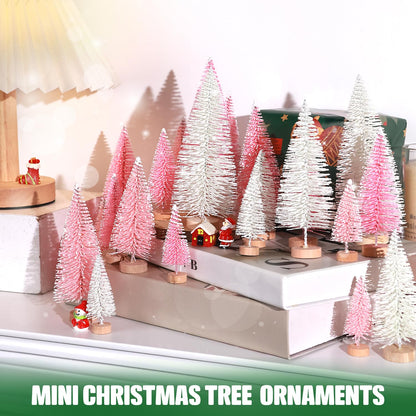 30Pcs Mini Christmas Trees Artificial Christmas Tree Bottle Brush Trees with Wooden Base for Christmas Decor Christmas Party Home Table Craft Decorations(Pink+White)